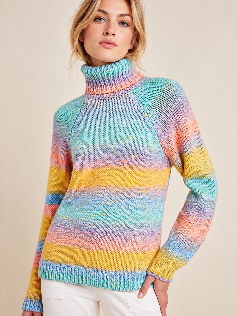 T.La Anthropologie Rainbow Ombré Chunky Knit Turtleneck Sweater Pastel Small